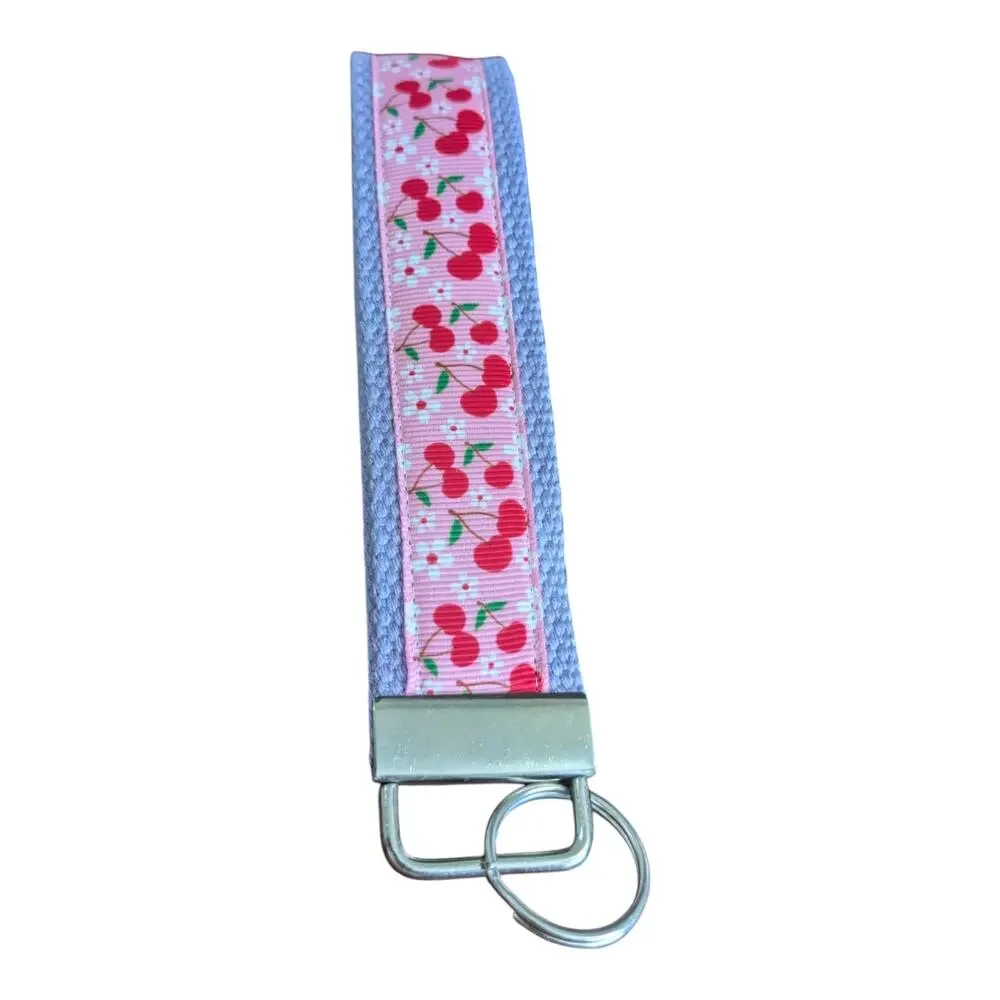 Cherry Keychain Wristlet Handmade Key FOB Cherries Floral Pink Purple Fruit Gift